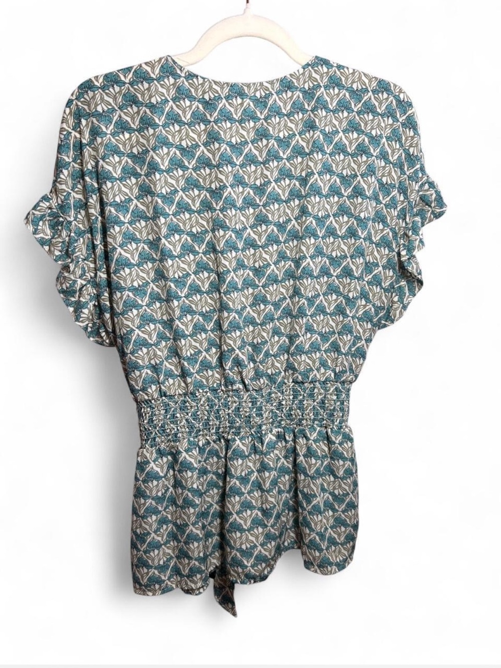 Max Studio Teal and Cream Floral V-Neck Tie-Waist Ruffle Sleeve Blouse - Picture 5 of 5